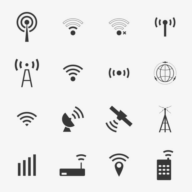 Set different black vector wireless and wifi icons Set different black vector wireless and wifi icons for remote access and communication via radio waves. satellite communication and wireless transmission of information. access point router stock illustrations