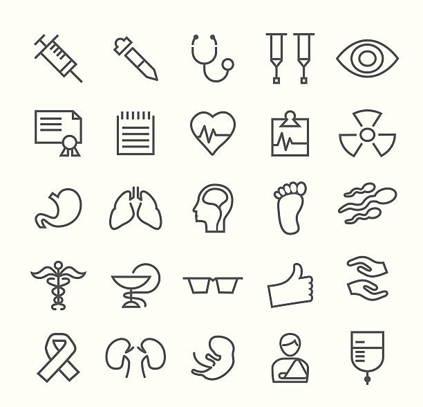тонкие линии медицинские иконки на белом фоне. - silhouette interface icons wheelchair icon set stock illustrations