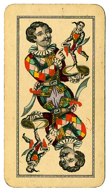 This is the Fool (Joker), an un-numbered picture card from a pack of large Tarot cards (called Taroch or Tarok in German). Cards in this pack measure 74 x 129mm. The maker is  Fred. Piatnik & Sohne of Vienna. The Fool is a Harlequin holding a hat, and on the hat is a representation of himself. This design is in some ways similar to the Trump card number I (one), where Harlequin is shown holding a harp, and on the harp is a smaller version of himself. The history of Tarot goes back to 15th century Italy. There were 78 cards, including 21 'trump' cards and a 'fool' or 'skeench' dressed as a harlequin, which in modern packs would be called a joker. The large numbers of cards and the complicated rules led to a decline in the popularity of these Tarot card games. Austrian Taroch cards use French symbols (clubs, diamonds, hearts and spades), and a simplified pack numbering 54, which still includes the 21 trumps plus the fool. These make up the 22 'Taroch' (trump) cards. This particular pack was made by Piatnik (Vienna) in 1900.