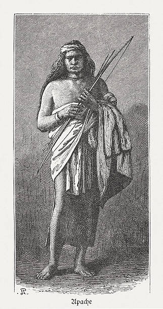 Apache, north american native, wood engraving, published in 1880 Apache warrior, north american native indian. Historical view of the 19th century. Wood engraving, published in 1880. apache culture stock illustrations