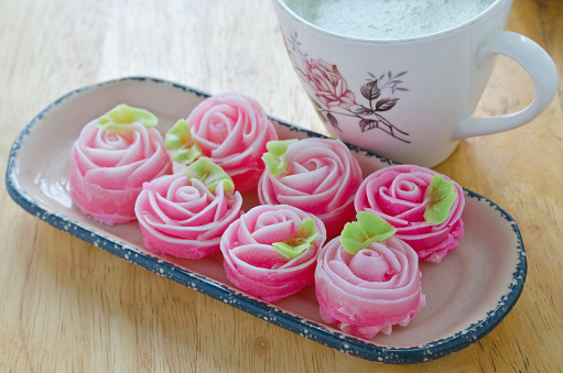 Rose flower sweet (ALUA GULAB )Thai dessert with cup of milk green tea