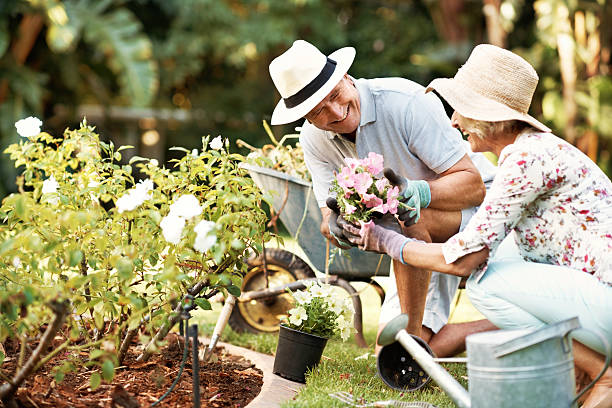 e questo è il mio mazzo di fiori! - gardening couple senior adult ethnic foto e immagini stock