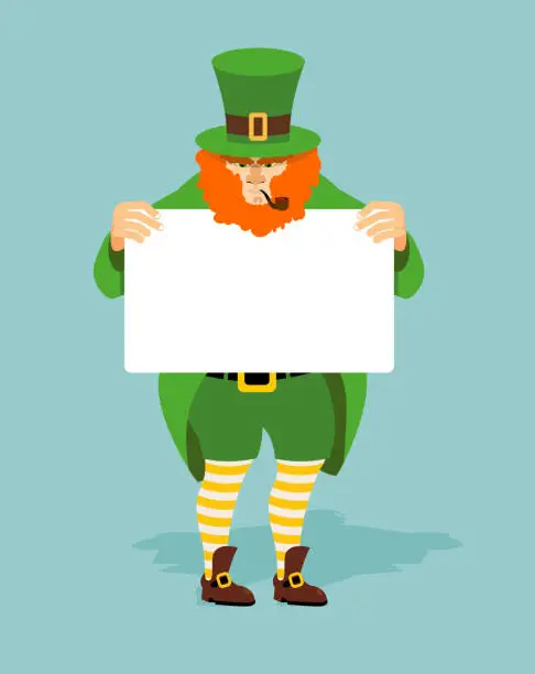 Vector illustration of Leprechaun and Billboard. Red dwarf and  white sheet of paper