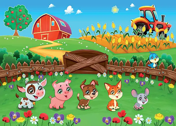 Vector illustration of Funny landscape with farm animals