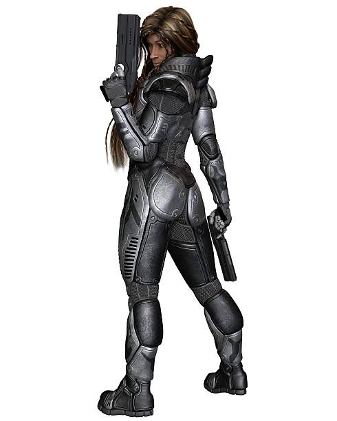 istock Future Soldier, Black Female, Back View - science fiction illustration 511796102