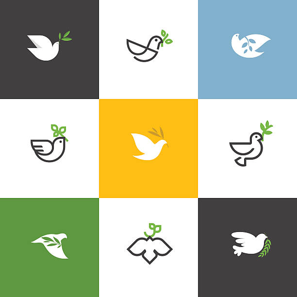 peace dove with green branch. flat line vector illustrations set - kumru kuş illüstrasyonlar stock illustrations