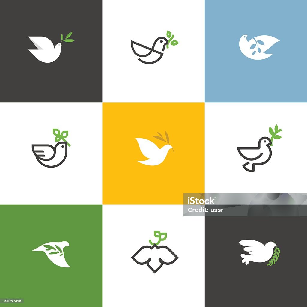 Peace dove with green branch. Flat line vector illustrations set Peace dove with green branch. Flat line design style vector illustrations set of icons and design elements Dove - Bird stock vector