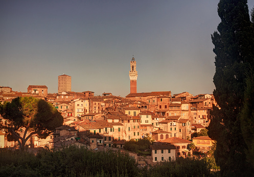 Beautiful sunset over Siena old city in Tuscany, Italy