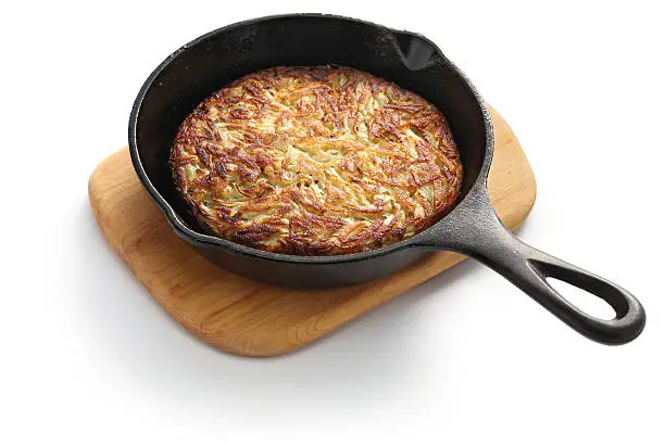 Rosti, Swiss potato pancake in frying pan.