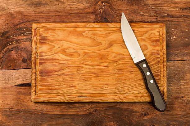 istock Chopping board, with a meat knife on wooden background 511797852