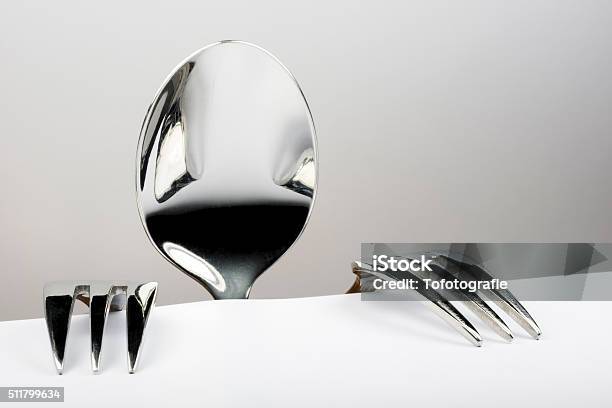 Figure Of Spoon And Two Forks Stock Photo - Download Image Now - Abstract, Characters, Concepts