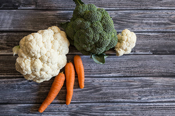 Top view of carrots with broccoli on wooden table