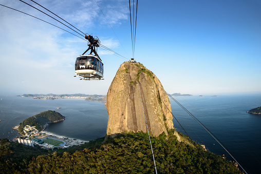 Rio de Janeiro, Brazil - Jan 13, 2015: Sugar Loaf bondinho - cable car travelling between stations over Urca.