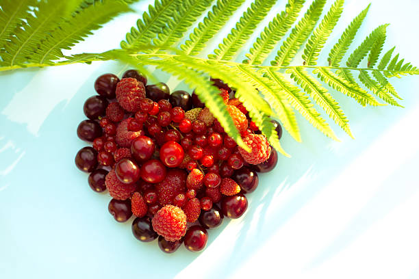 heart shaped berries under a leaf stock photo