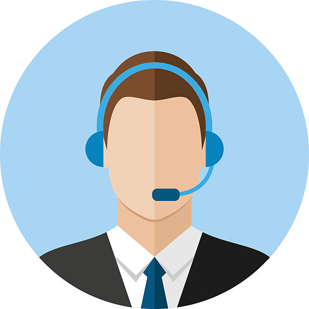 Call center operator icon Call center operator icon. Man with a headset. Customer support. Client services and communication, phone assistance. Web icon, flat style illustration. hands free device illustrations stock illustrations