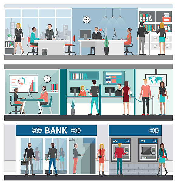 Bank and finance banner set Bank and finance banner set, business people working in the office, financial advisor, cashiers, atm and bank entrance contains people stock illustrations