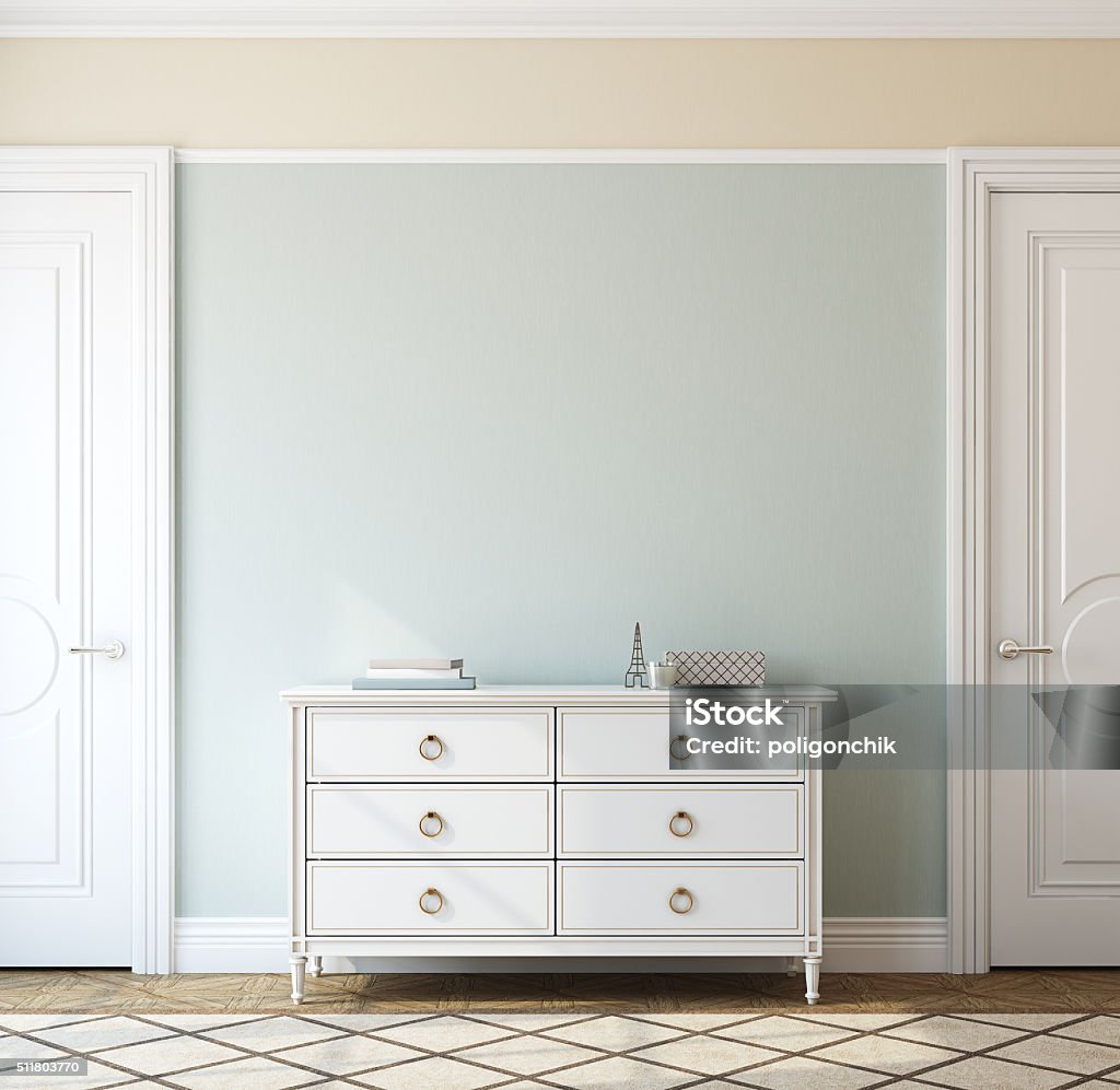 Interior with dresser. 3d rendering. Interior of foyer with dresser near empty blue wall. 3d render. Dresser Stock Photo