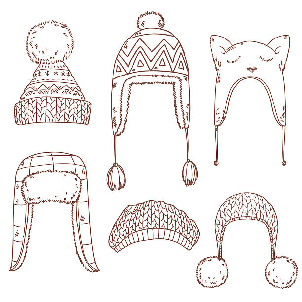 ilustraciones, imágenes clip art, dibujos animados e iconos de stock de linda vector conjunto de gorros invernales - white background wool textile old fashioned