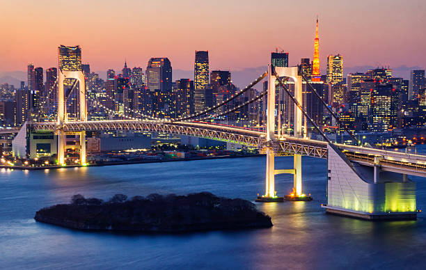 Tokyo Skyline from Tokyo Bay Tokyo Bay at dusk, with the Rainbow Bridge and Tokyo Tower visible. tokyo prefecture tokyo tower japan night stock pictures, royalty-free photos & images