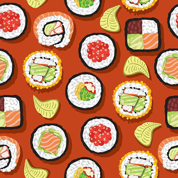 illustrazioni stock, clip art, cartoni animati e icone di tendenza di motivo senza interruzioni sushi - caviar salmon red gourmet