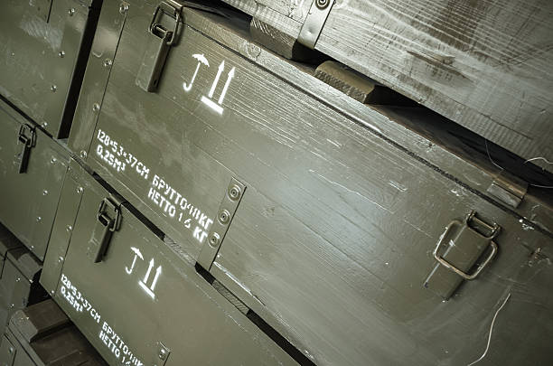 istock Dark green wooden boxes for ammunition 511805928