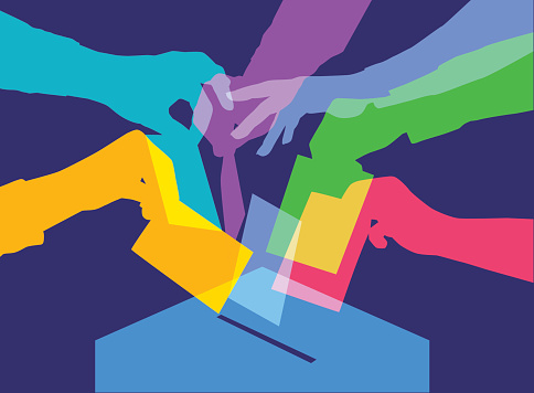 Colourful overlapping silhouettes of people voting. EPS10 file, best in RGB, CS5 versions in zip