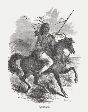 Comanche warrior, North american native indian. Historical view of the 19th century. Wood engraving, published in 1880.