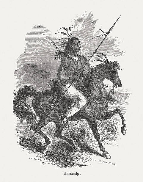 Comanche, North american native, wood engraving, published in 1880 Comanche warrior, North american native indian. Historical view of the 19th century. Wood engraving, published in 1880. comanche indians stock illustrations