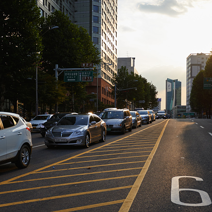 Seoul, Republic of Korea - September 14, 2015: Traffic jam in Seoul downtown.