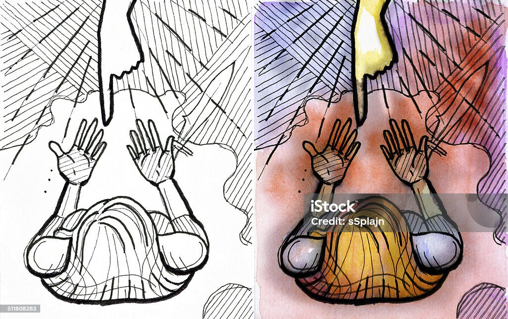 Woman warrior with her empty hands Sword on ground. Hand showing from above. On the left side black and white drawing. On the right side watercolor illustration Abstract stock illustration