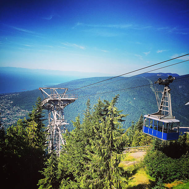 Cable car on the mountain side. Cable car makes its way back down the mountain to pick up some more passengers. stantion stock pictures, royalty-free photos & images