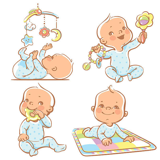 niedlich kleines baby mit verschiedenen spielsachen. - beißring stock-grafiken, -clipart, -cartoons und -symbole