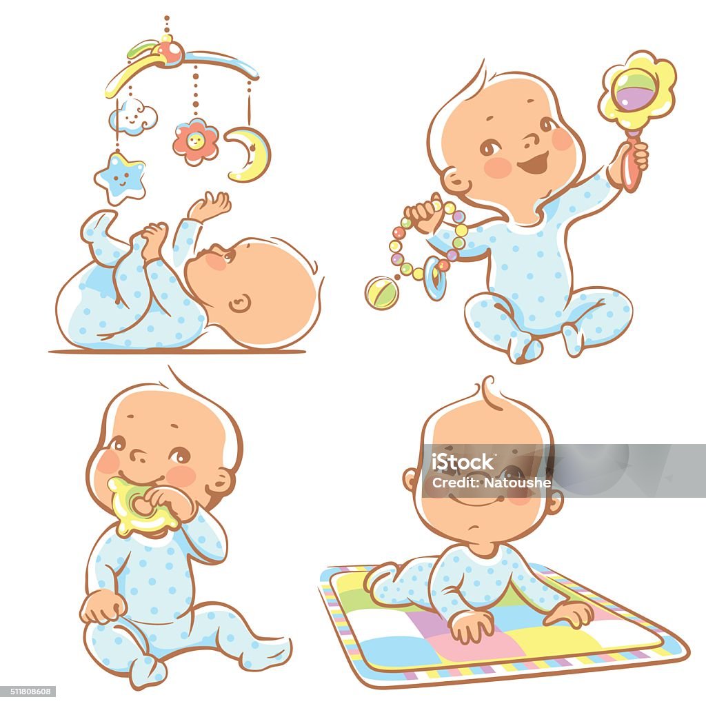 Cute little babies with different toys. Set of babies playing toys. First year games. Baby hold teething toy. Baby lay on developing play mat  Baby look  at mobile toy.Colorful vector Illustration isolated on white background Baby - Human Age stock vector