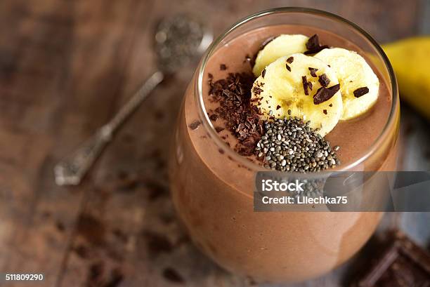 Chocolate Banana Smoothie With Chia Seed Stock Photo - Download Image Now - Chocolate, Banana, Bowl