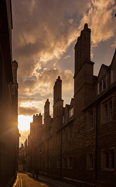 Cambridge street at sunset. Cambridge, UK stock photo