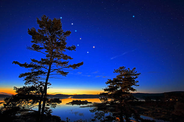 Northern Stars Over Georgian Bay Stars over Georgian Bay in twilight. The Polaris and the stars of the Big Dipper (The Plough or Ursa Major) are digitally enhanced. killarney lake stock pictures, royalty-free photos & images