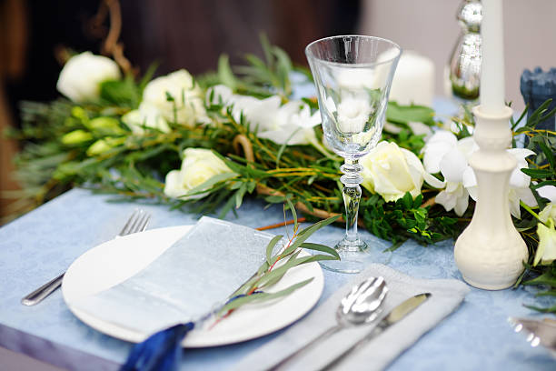 Table set for wedding reception Table set for an event party or wedding reception perfect pear stock pictures, royalty-free photos & images