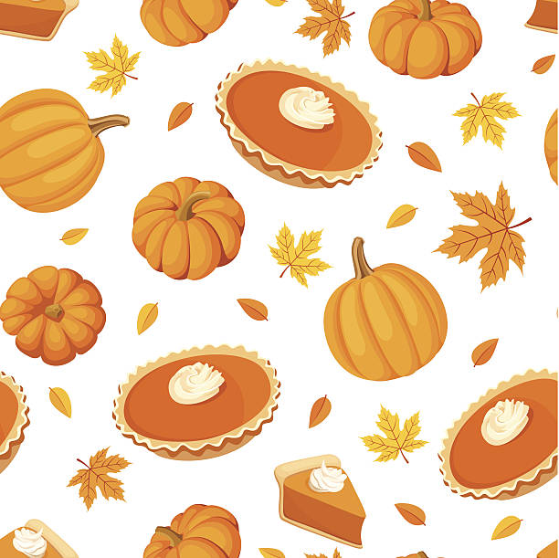 Seamless pattern with pumpkin pies and pumpkins. Vector illustration. Vector seamless pattern with pumpkin pies, pumpkins and autumn leaves on a white background. dollop whipped cream stock illustrations