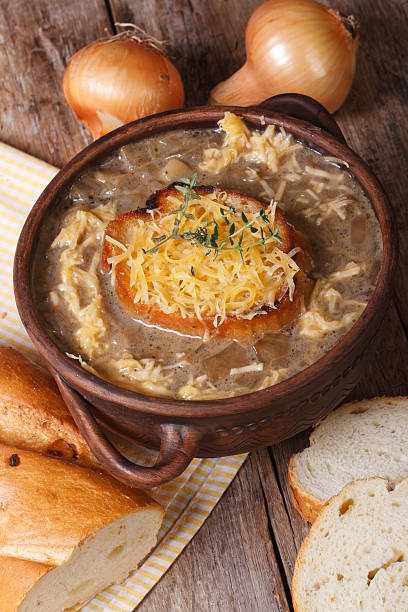 istock onion soup with croutons and ingredients. Vertical 511846581