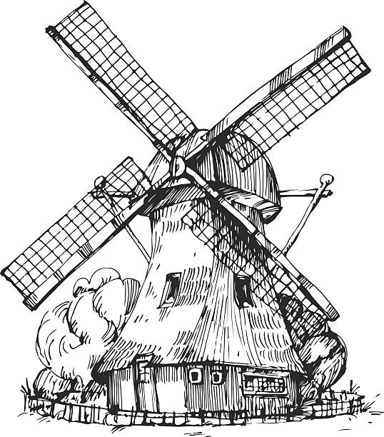 hand drawn illustration of a mill - netherlands stock illustrations