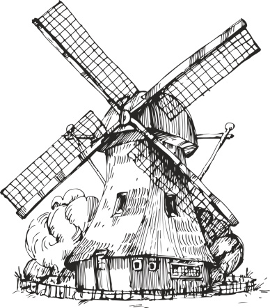 Hand drawn illustration of a mill. EPS 10. No transparency. No gradients.
