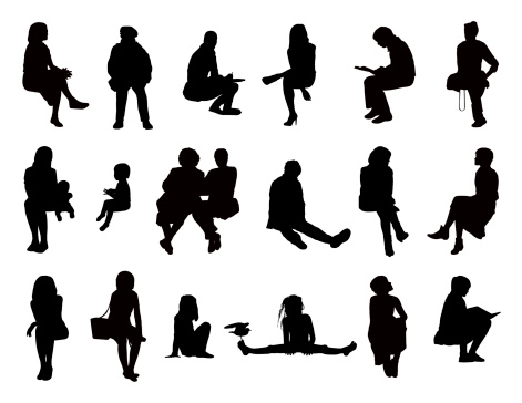 big set of black silhouettes of women of different ages seated in different postures reading, speaking, writing, talking on the phone, carrying about their children or just watching, front and profile views