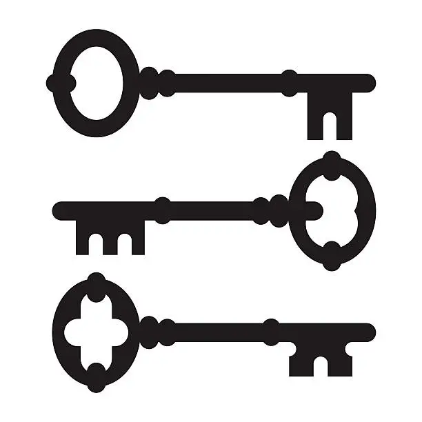 Vector illustration of Old key silhouette set