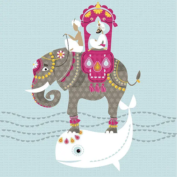 Vector illustration of Decorated indian elephant with standing on a whale.