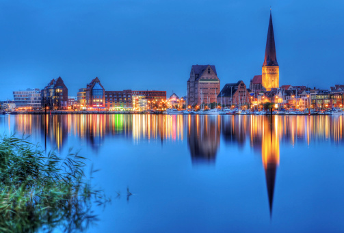 City port of Rostock, Germany by night