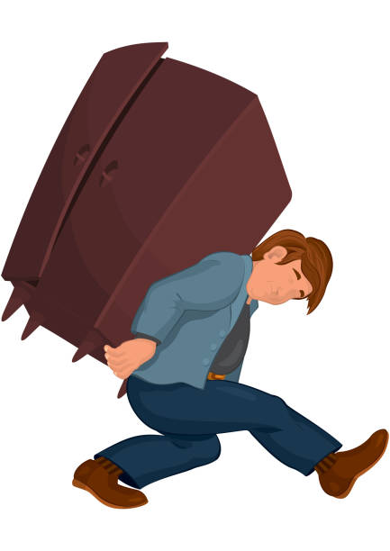 istock Cartoon man in gray jacket carries heavy furniture 511851423