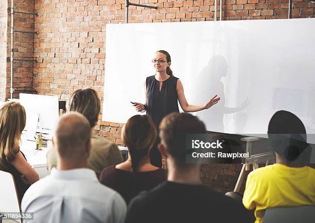 Business Team Training Listening Meeting Concept Stock Photo - Download Image Now - Public Speaker, Women, Meeting