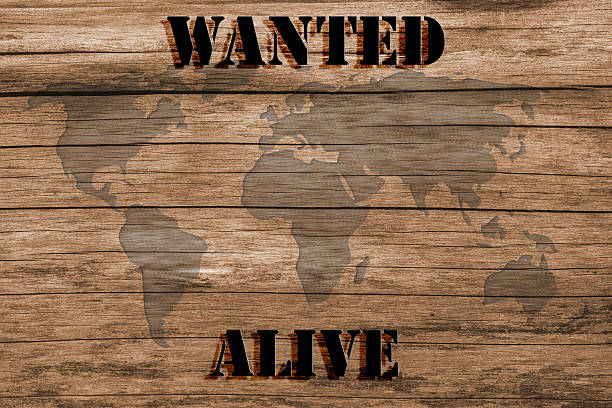 ha voluto poster-vita-mappa del mondo - wanted poster desire wild west sign foto e immagini stock