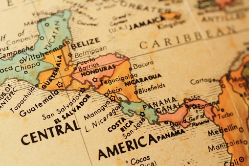 Close up of an antique globe focusing on the countries that make up Central America.