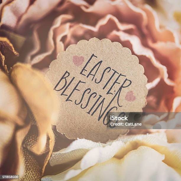 Easter Blessings Message Amidst Fabric Flowers Stock Photo - Download Image Now - Easter, Religious Blessing, Beige